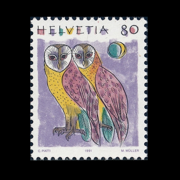 SWITZERLAND(������)-#873-80c-BARN OWLS(�갣 �ξ���)-1991.1.15��