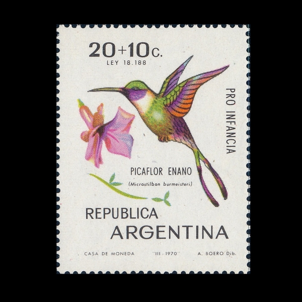 ARGENTINA(�Ƹ���Ƽ��)-#B53-20+10c-SLENDER-TAILED WOODSTAR(�����ٶ�����������)-1970.5.9��