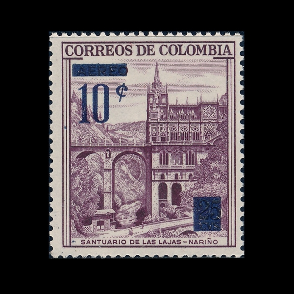 COLOMBIA(�ݷҺ��)-#691-10c on 25c-LAS LAJAS SHRINE, NARINO(�� ���Ͻ� ���� ����)-1958��