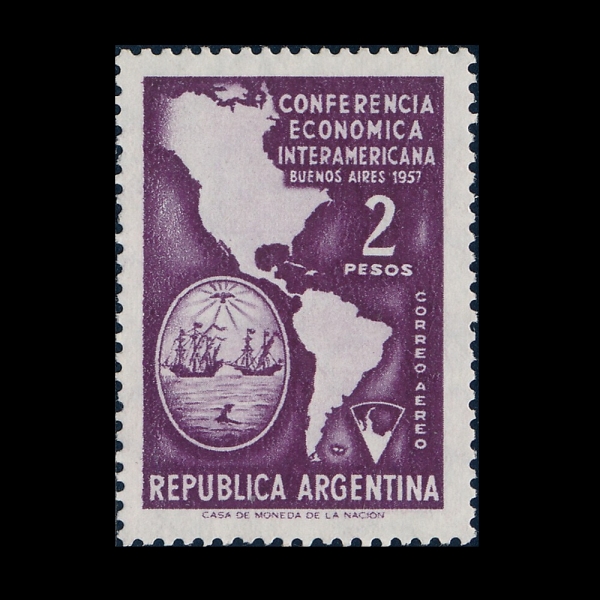 ARGENTINA(�Ƹ���Ƽ��)-#C66-2p-MAP OF AMERICAS & ARMS OF BUENOS AIRES(�Ƹ޸�ī ����, �ο��뽺���̷��� ����)-1957.8.16��