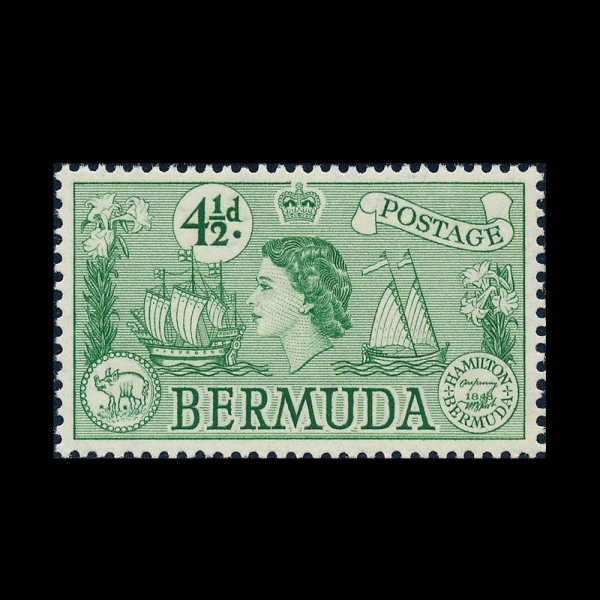 BERMUDA(���´�)-#151-4 1/2p-\"SEA VENTURE\", BOAT, HOG COIN AND PEROT STAMP(\"�� ��ó\", ���� ��Ʈ, ���� ���� �� ��� ��ǥ)-1953��