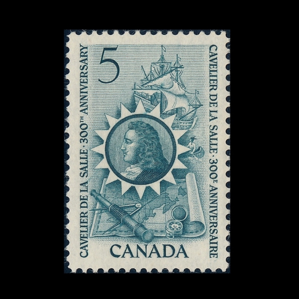 CANADA(ĳ����)-#446-5c-LA SALLE, MAP OF 17TH CENTURY CANADA, SHIP, CANOE, SPYGLASS AND COMPASS(17���� ĳ���� ����, ����,ī��, ������, ��ħ��)-1966.4.13��