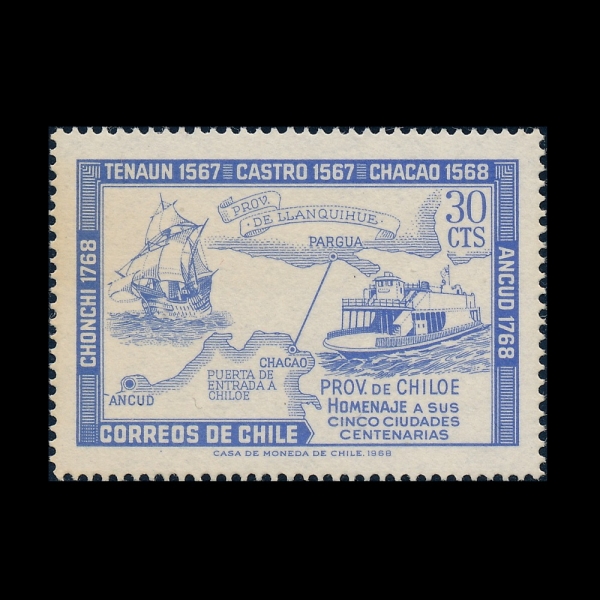 CHILE(ĥ��)-#371-30c-MAP OF CHILOE PROVINCE, SAILING SHIP AND COASTAL VESSEL(ĥ�ο� �� ����, ����, ����)-1968.10.7��