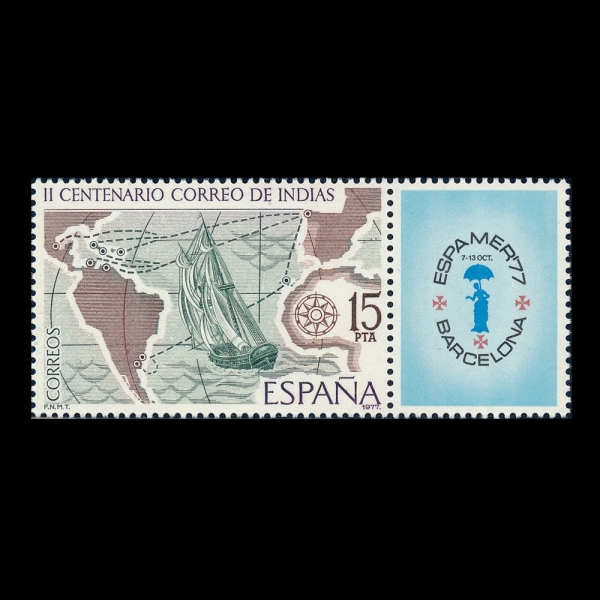 SPAIN(������)-#2065-15p+LABEL-SAILING SHIP AND MAIL ROUTES, 18TH CENTURY(����, 18���� ���� �뼱)-1977.10.7��