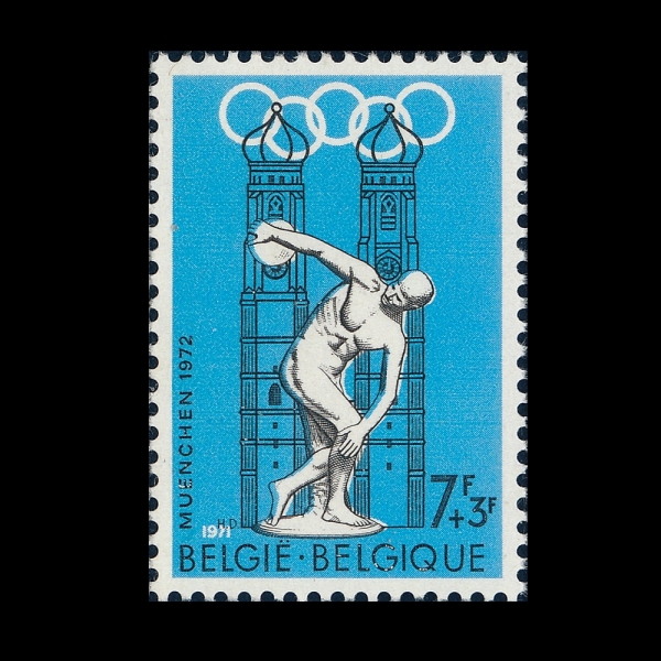 BELGIUM(���⿡)-#B873-7+3fr-20TH OLYMPIC GAMES, MUNICH AND DISCOBOLUS AND MUNICH CATHDRAL(1972�� �ϰ� �ø���, ���ݴ�����, ���� �뼺��)-1971.6.19��