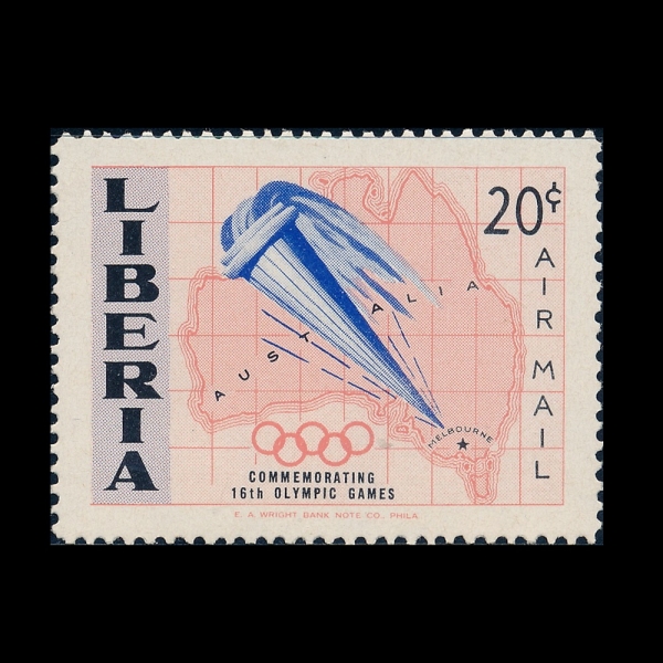 LIBERIA(���̺�����)-#C105-20c-16TH OLYMPIC GAMES, MELBOURNE AND MAP OF AUSTRALIA & OLYMPIC TORCH(1956�� �ϰ� �ø���, ����Ʈ������ ����, �ø��� ��ȭ)-1956.11.15��