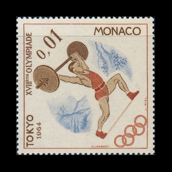 MONACO(����)-#592-1c-18TH OLYMPIC GAMES, TOKYO AND WEIGHT LIFTER(1964�� �ϰ� �ø���, ����)-1964.12.3��
