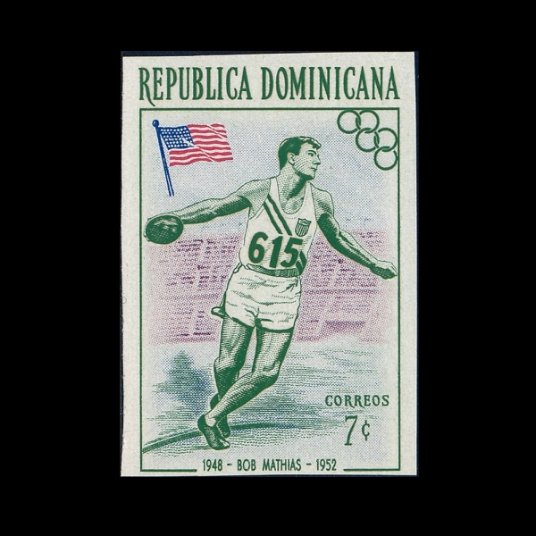 DOMINICA REPUBLIC(���̴�ī ��ȭ��)-IMPERF-#478-7c-16TH OLYMPIC GAMES, MELBOURNE AND BOB MATHIAS, US.(1956�� �ϰ� �ø���, ��Ƽ�)-1957.1.24��
