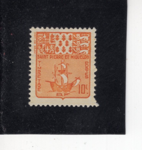 ST. PIERRE & MIQUELON(�� �ǿ��� ��Ŭ��)-#J68-10c-ARMS AND FISHING SCHOONER(����, ������)-1947.10.6��