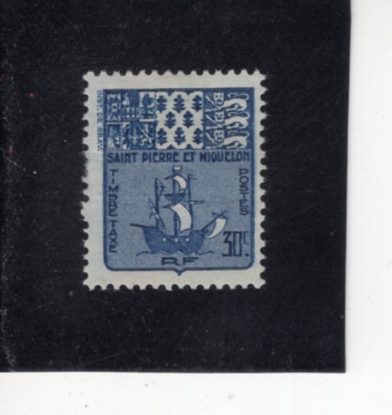 ST. PIERRE & MIQUELON(�� �ǿ��� ��Ŭ��)-#J69-30c-ARMS AND FISHING SCHOONER(����, ������)-1947.10.6��