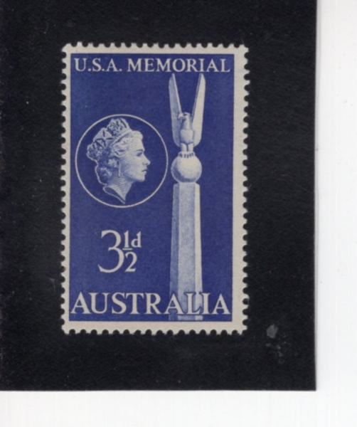 AUSTRALIA(����Ʈ���ϸ���)-#280-3 1/2p-TOP OF US MONUMENT, CANBERRA AND QUEEN ELIZABETH II(ȣ��-�̱� ����, �����ں��� 2��)-1955.5.4��