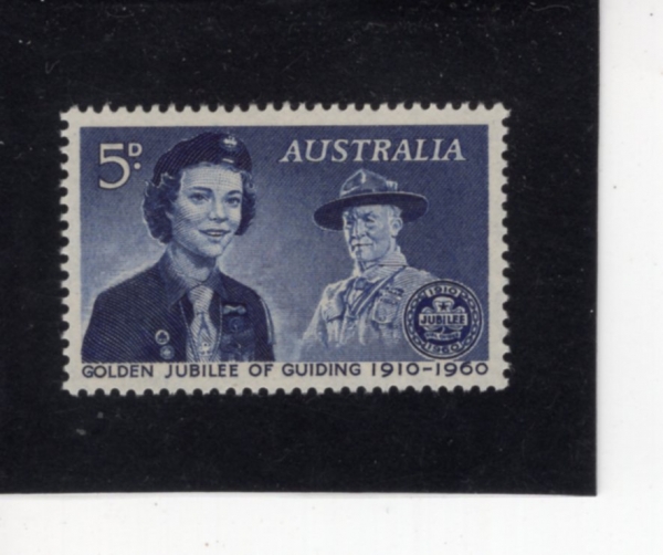 AUSTRALIA(����Ʈ���ϸ���)-#335-5p-GIRL GUIDE AND LORD BADEN-POWELL(�ι�Ʈ ���̵��Ŀ�, ��1�� ����Ŀ� ����, �� ���̵�)-1960.8.18��