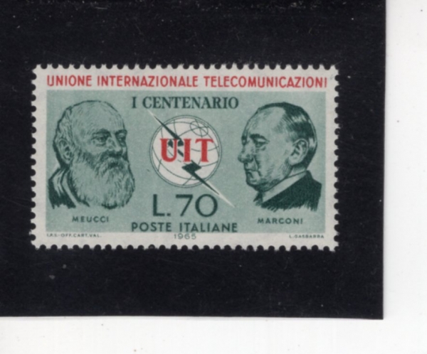 ITALY(��Ż����)-#909-70 I-ANTONIO MEUCCI, GUGLIELMO MARCONI AND ITU EMBLEM(����Ͽ� �޿�ġ, ���۸����� �����ڴ�, ITU ������)-1965.5.17��