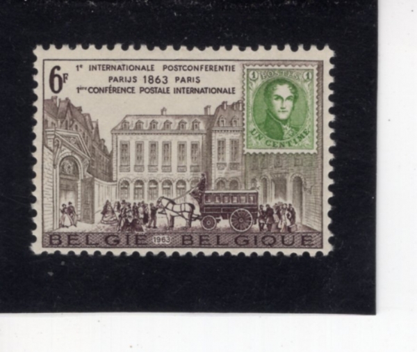 BELGIUM(���⿡)-#592-6fr-HOTEL DES POSTES, PARIS, STAGECOACH AND STAMP 1863(�ĸ� ����Ʈ ȣ��, ������, 1863�� ��ǥ)-1963.5.7��