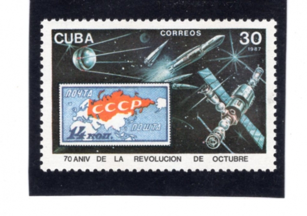 CUBA(����)-#2986-30c-OCTOBER REVOLUTION, RUSSIA, 70TH ANNIV. AND SOVIET SPACECRAFT, RUSSIA NO. 379(10�� ������, ������)-1987.11.7��